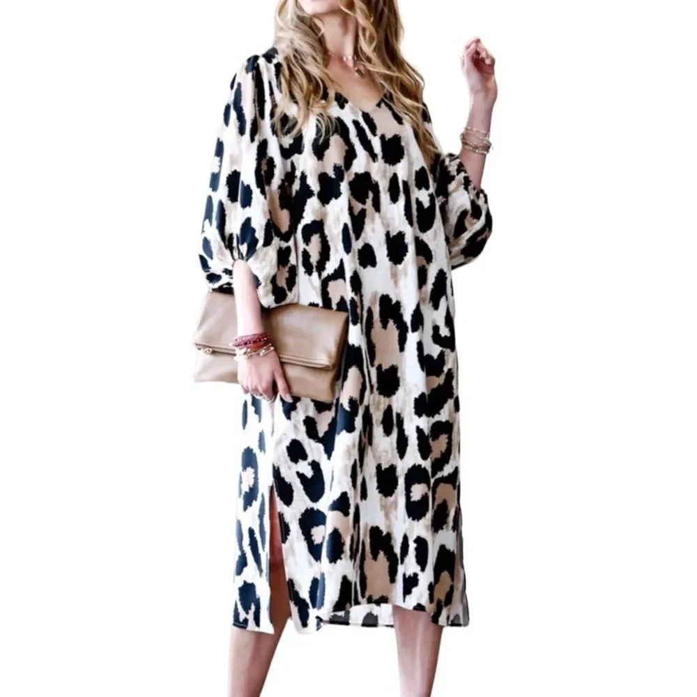 NWT MAZIK Learn to Love Puff Sleeve Leopard Midi Dress S